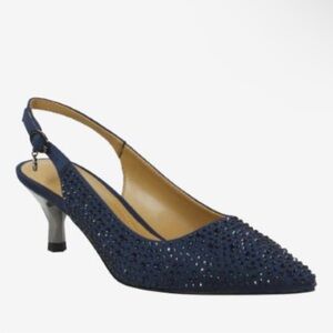 NEW IN BOX J. RENEE FERRYANNE NAVY CRYSTAL KITTEN HEELS SIZE 8W